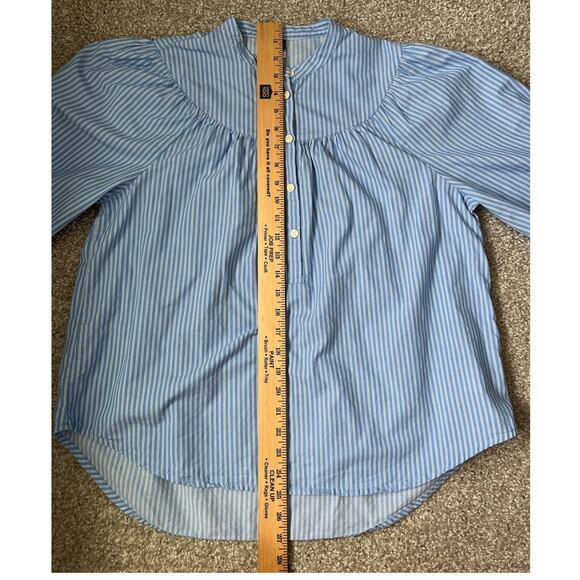 Old Navy Puff Sleeve Striped Henley Shirt Blue Stripe Boho Peasant Size Medium - Picture 9 of 12